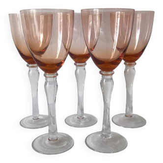 Set of 5 wine glasses in orange tinted glass