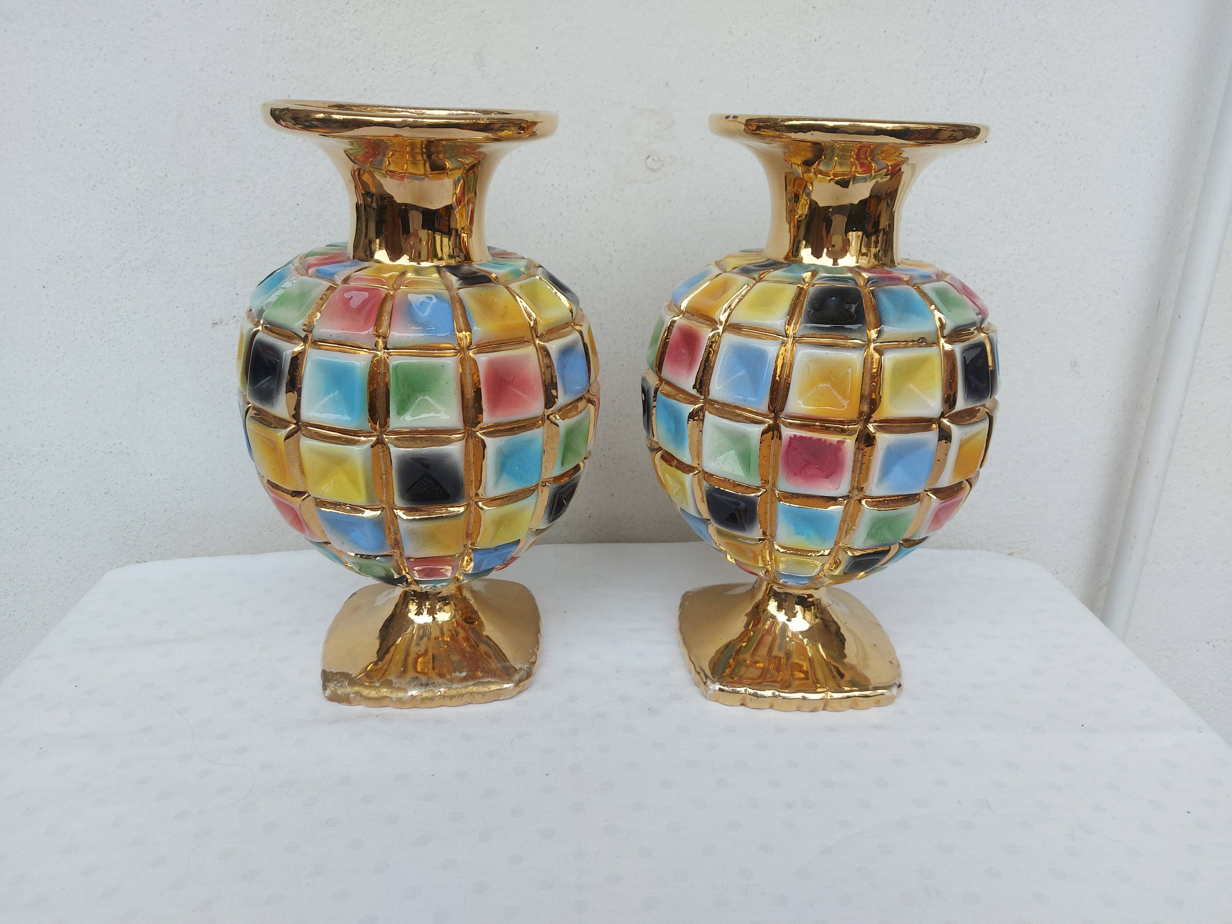 PAIR OF CERAMIC VASES DOREE, POLYCHROME, VINTAGE ITALY 60'S