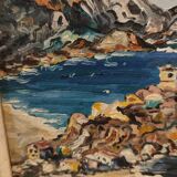 Painting of a seaside in coves on the port side around 1950