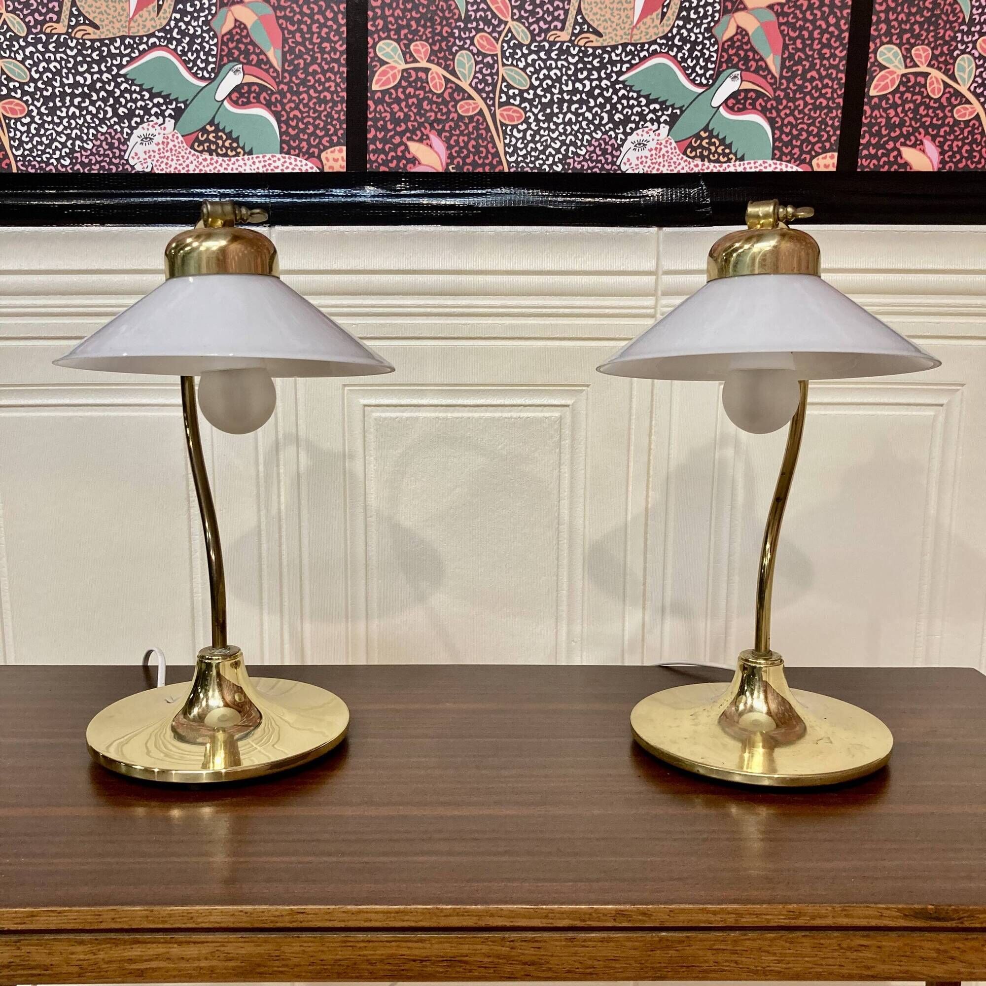 Pair of glass and metal lamps, Scandinavian design, 1960s.