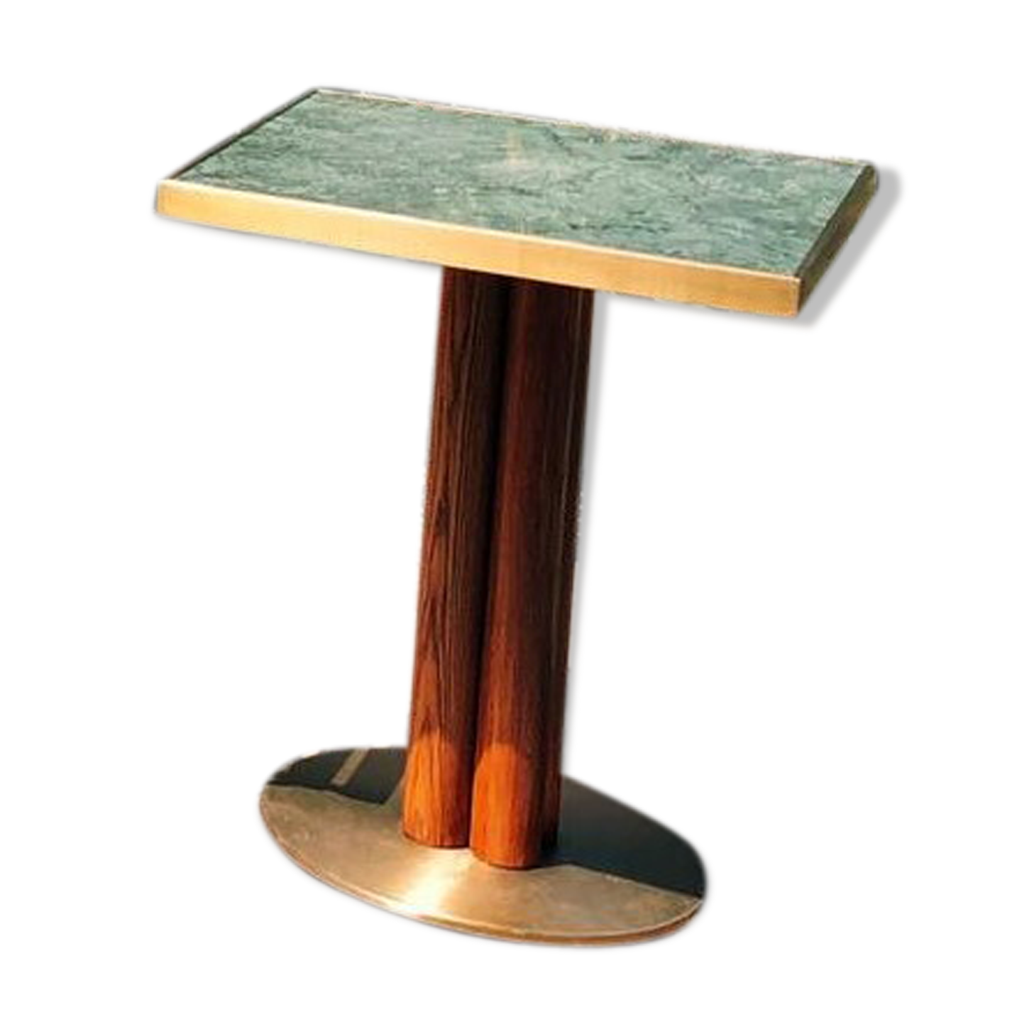 60x60 green marble table with foot formed by four tinted oak logs