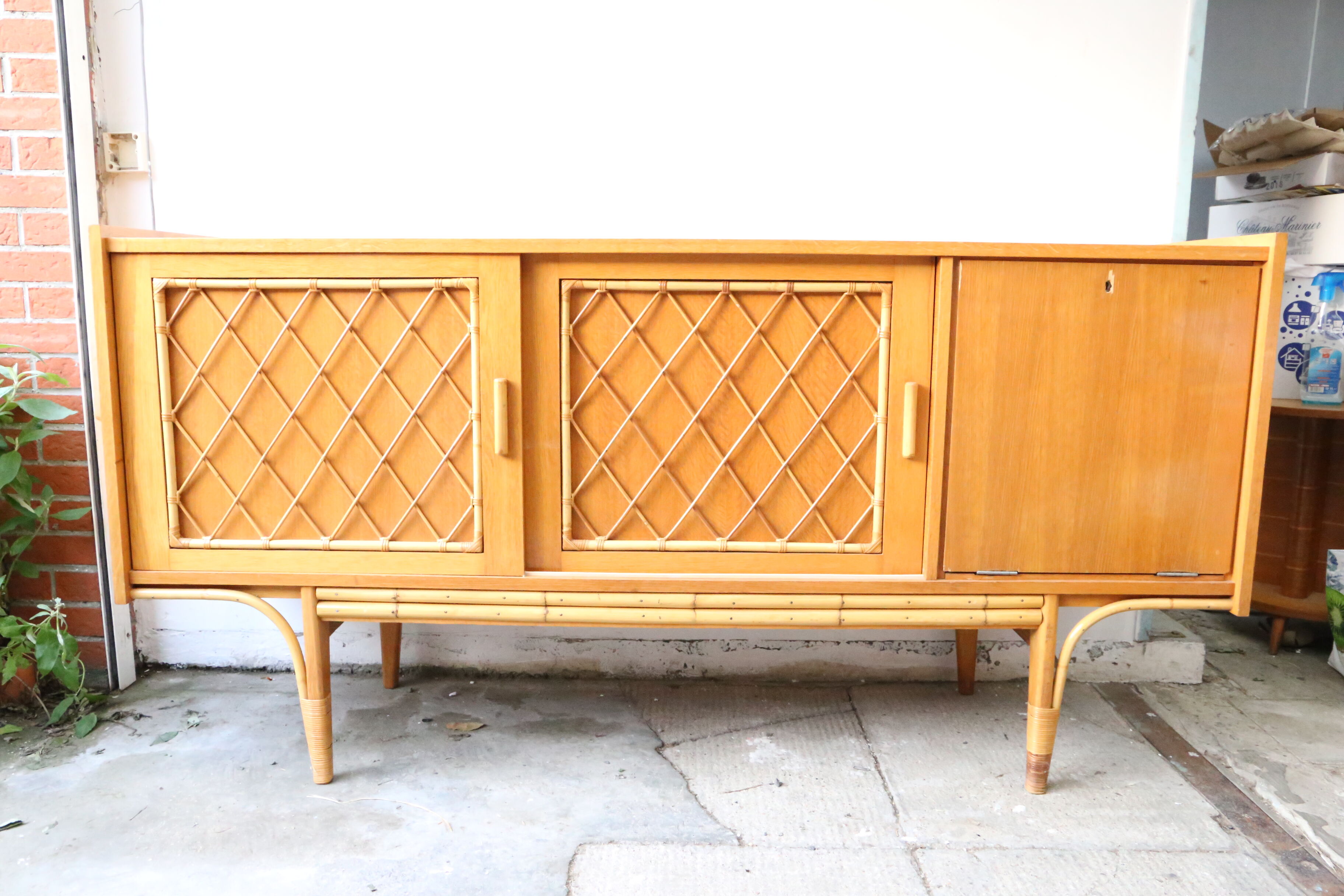Beautiful pine and rattan sideboard from the 1960s