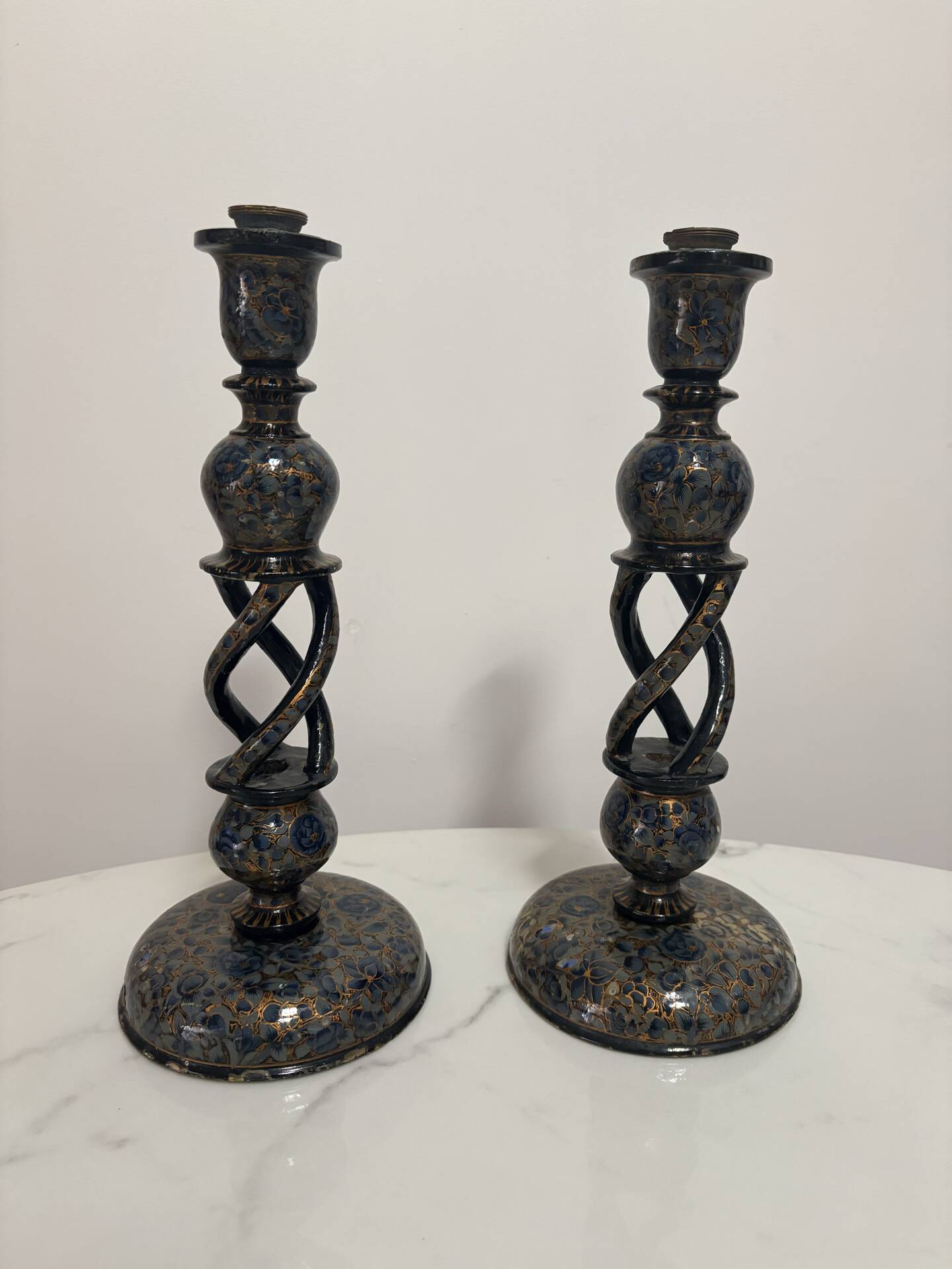 Pair of ancient Kashmiri candlesticks in midnight blue and gold – lamp bases