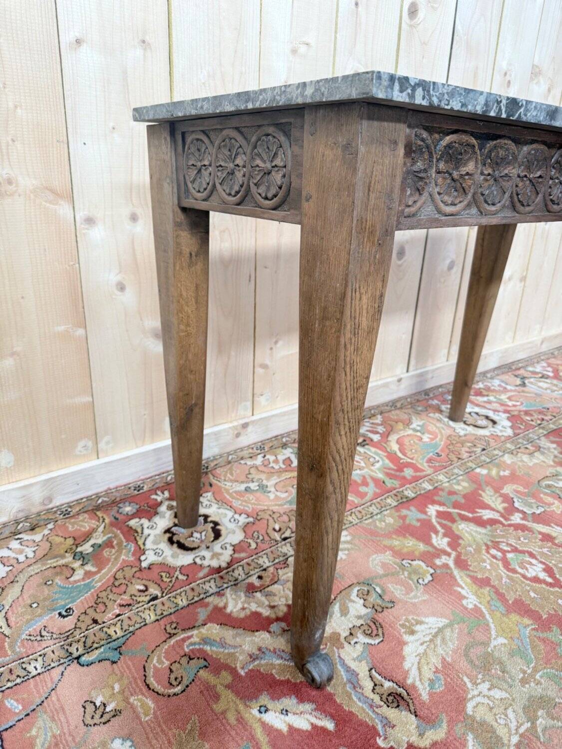 Louis XVI Style Console Table – Carved Oak & Marble Top