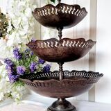 Large three-tiered fruit bowl in iron and brass, French style, rust.