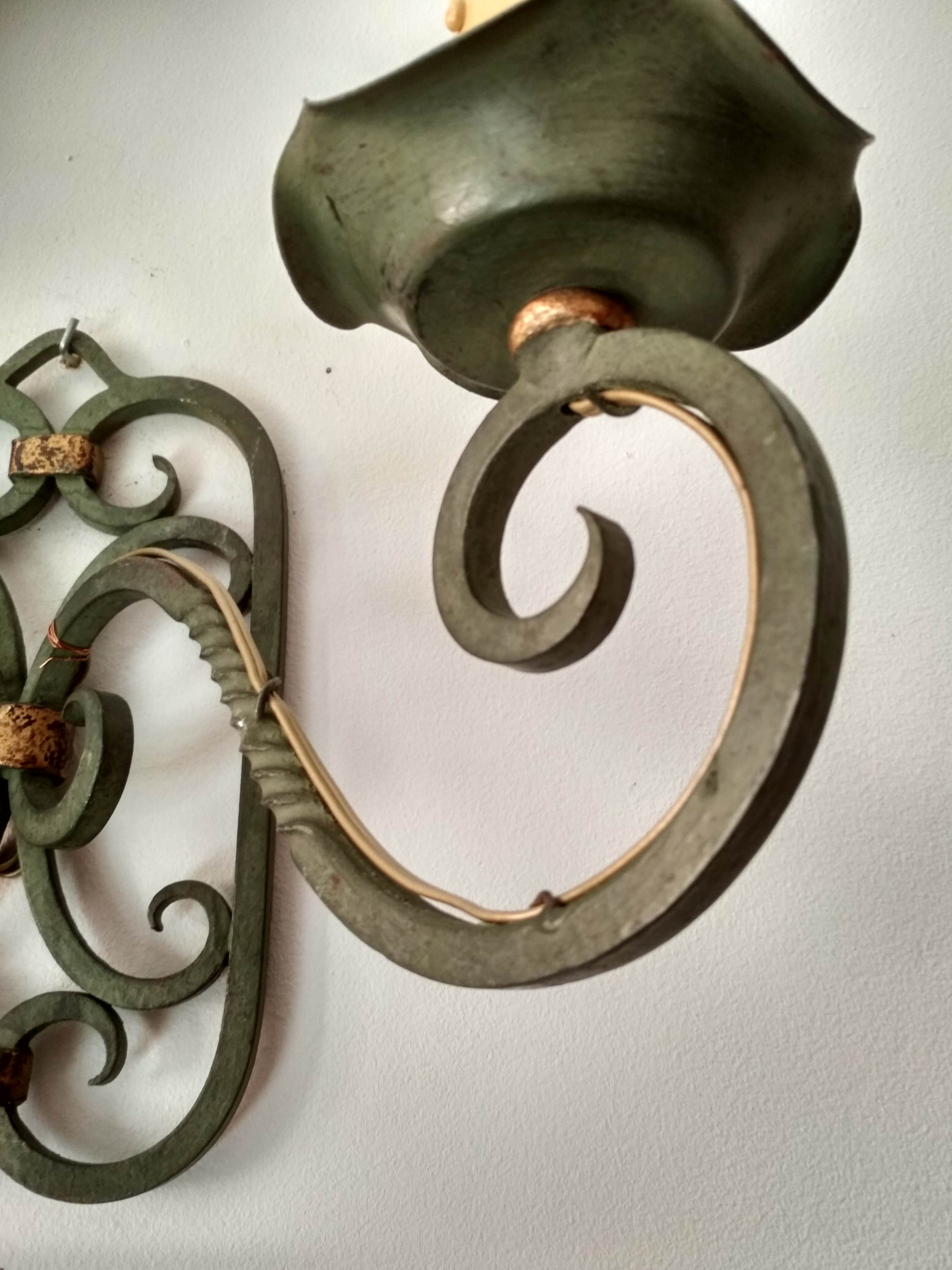 Pair of old wrought iron sconces patina green and gold - 2 lights