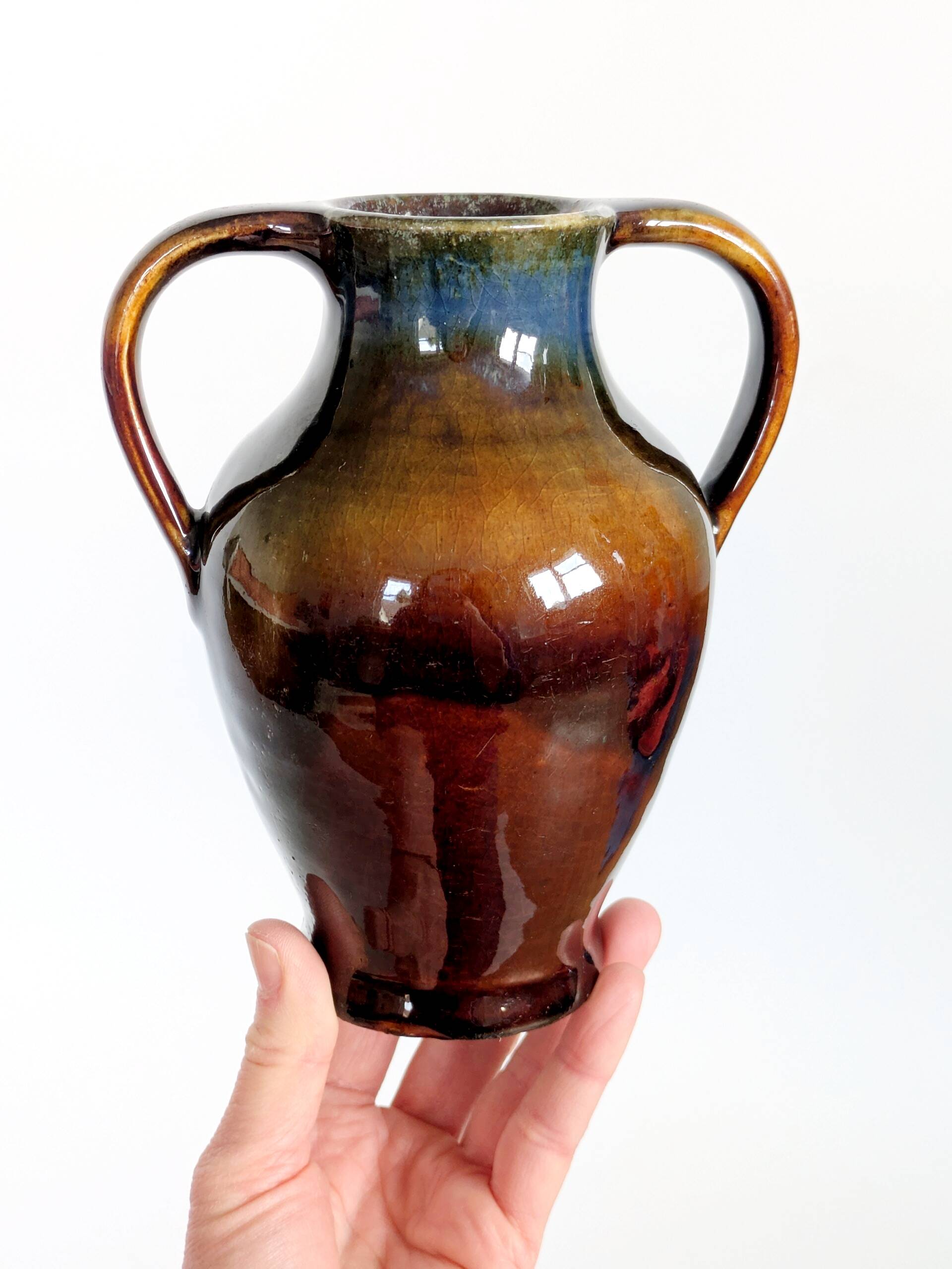 Vase amphore vintage en céramique, glaçure Fat Lava, déco classique