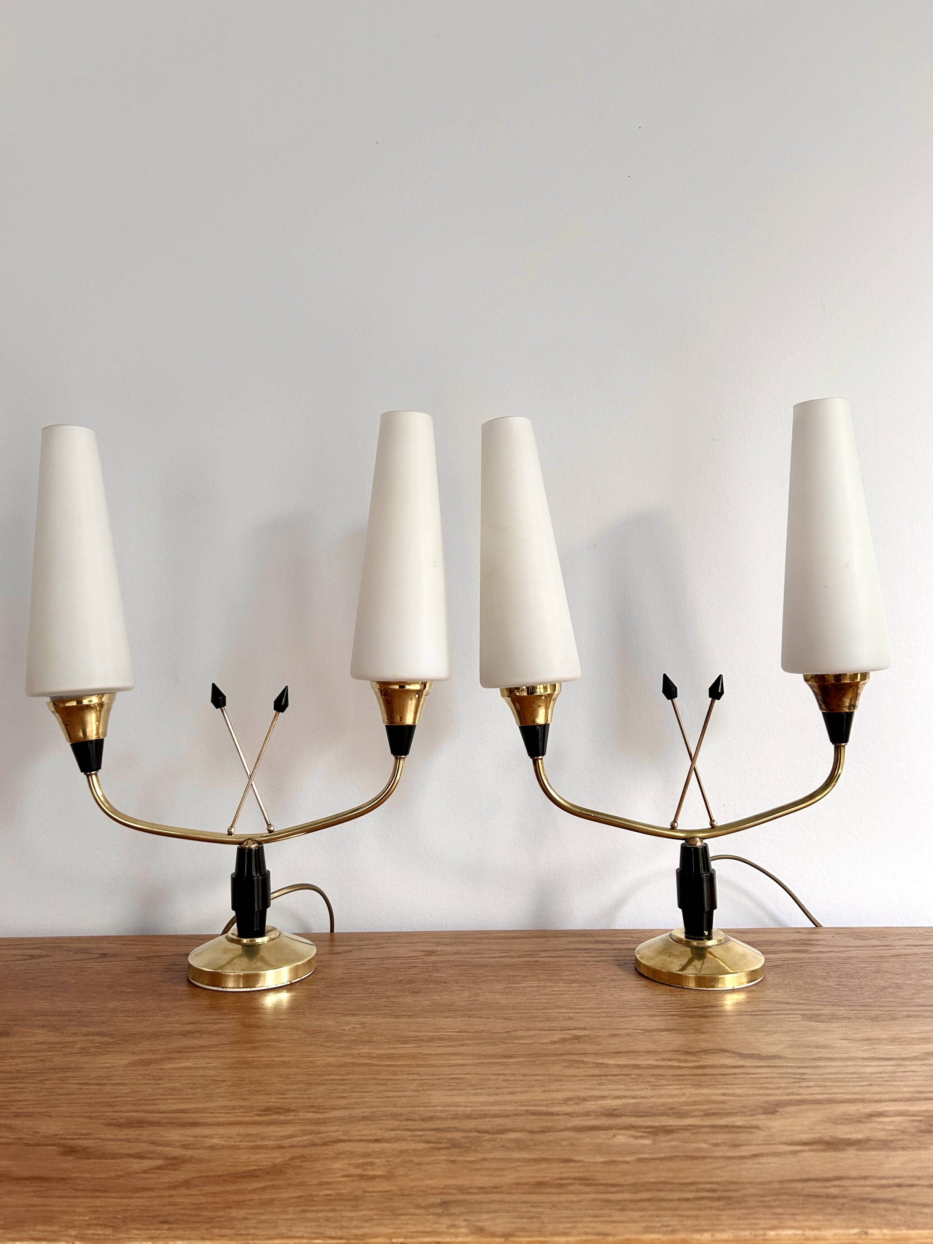 Pair of brass and opaline lamps from the 1950s.