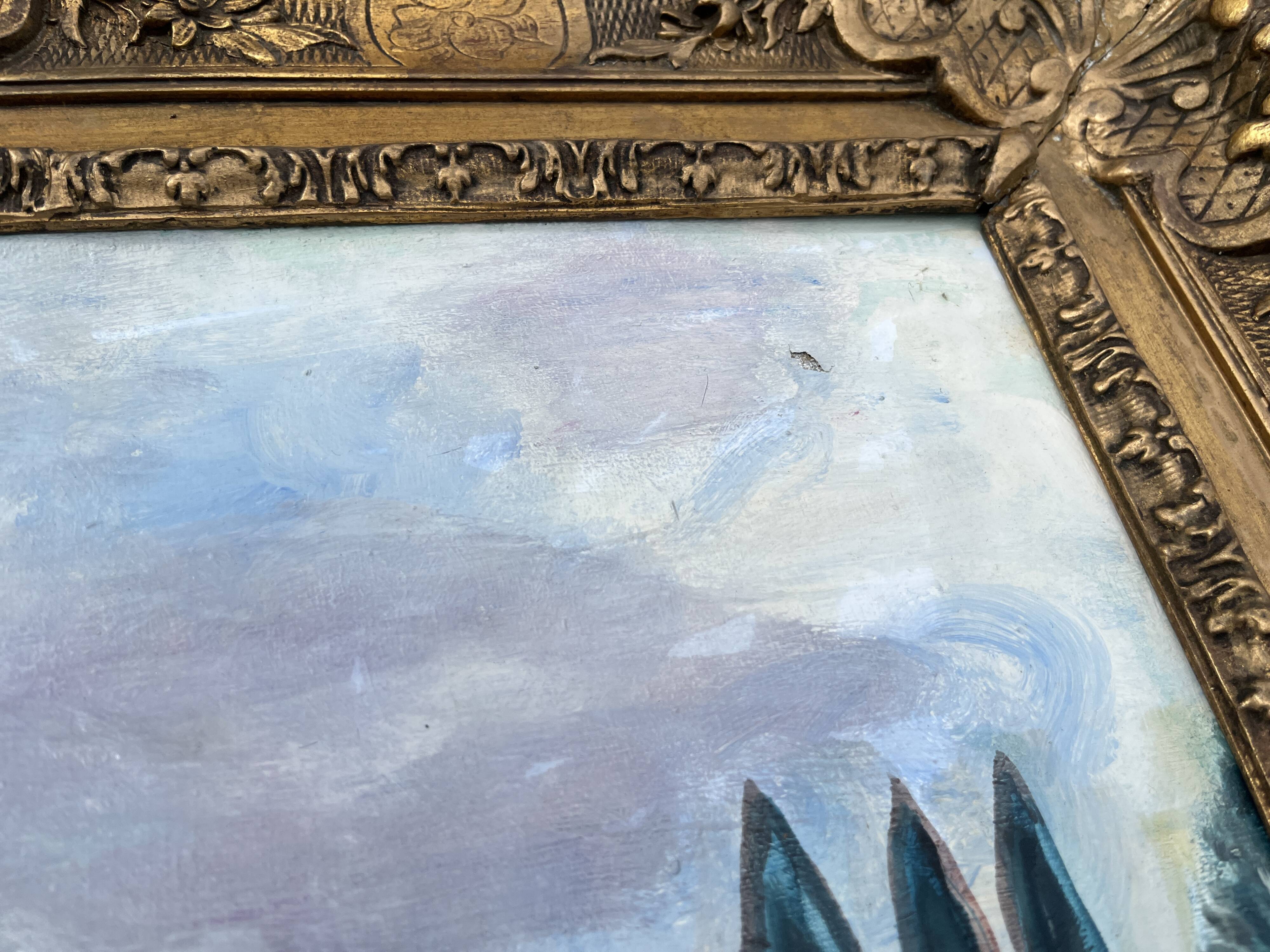 Very beautiful painting Landscape with reflections – M. de Moran 1996 with a 19th century frame