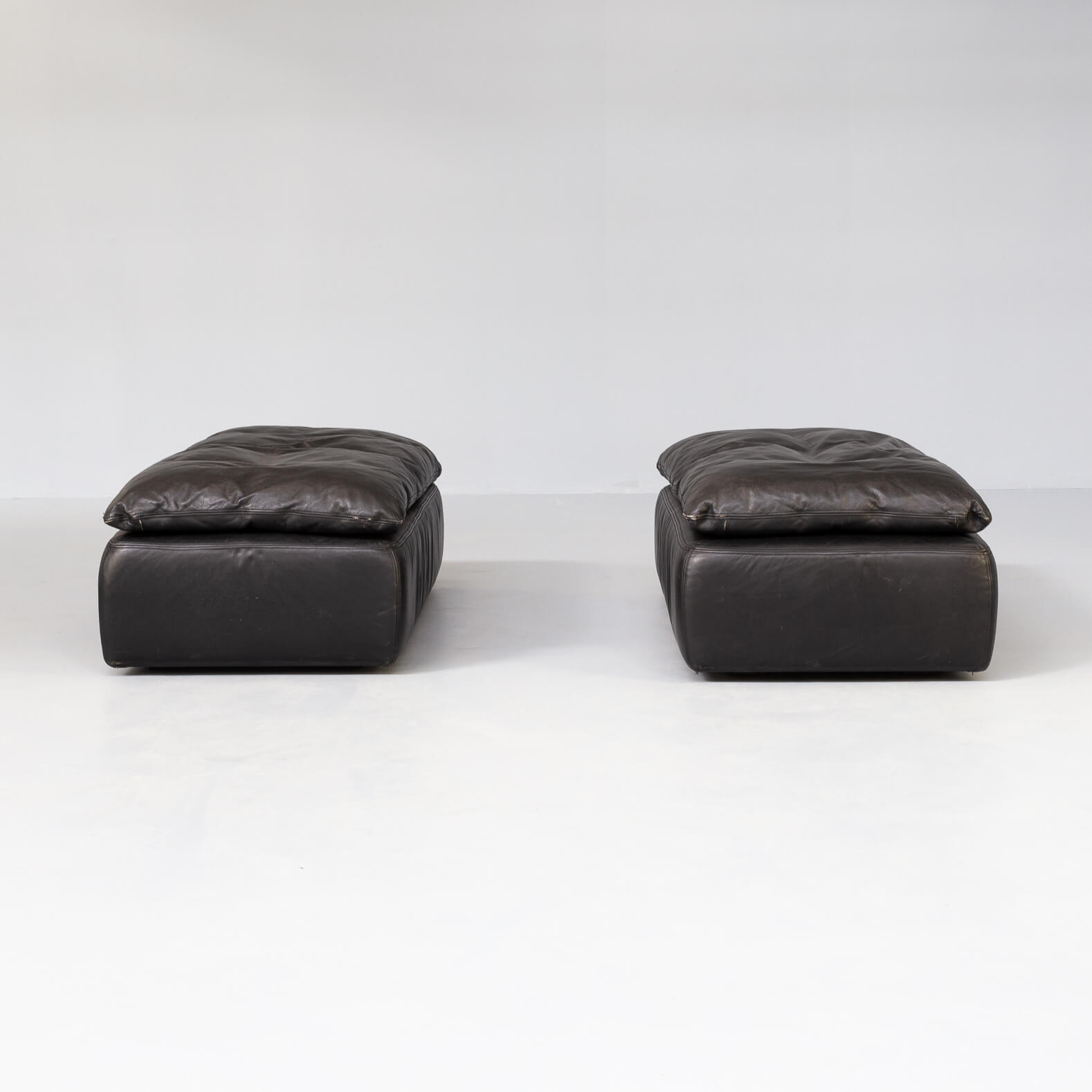 80s black leather pouf, sofa, ottoman set/2