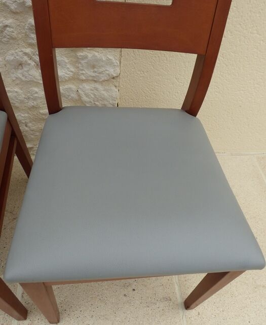 Set of 6 cherry wood style chairs with gray imitation leather seat