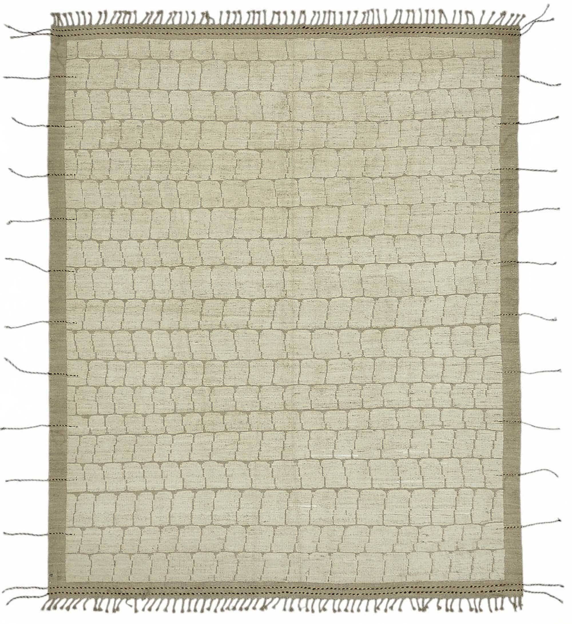 Tapis tribal tissé à la main, pièce unique, 249 cm x 312 cm, en laine beige.