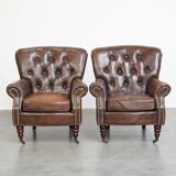 Set of 2 Cognac Brown Grained Cowhide Leather Chesterfield Armchairs