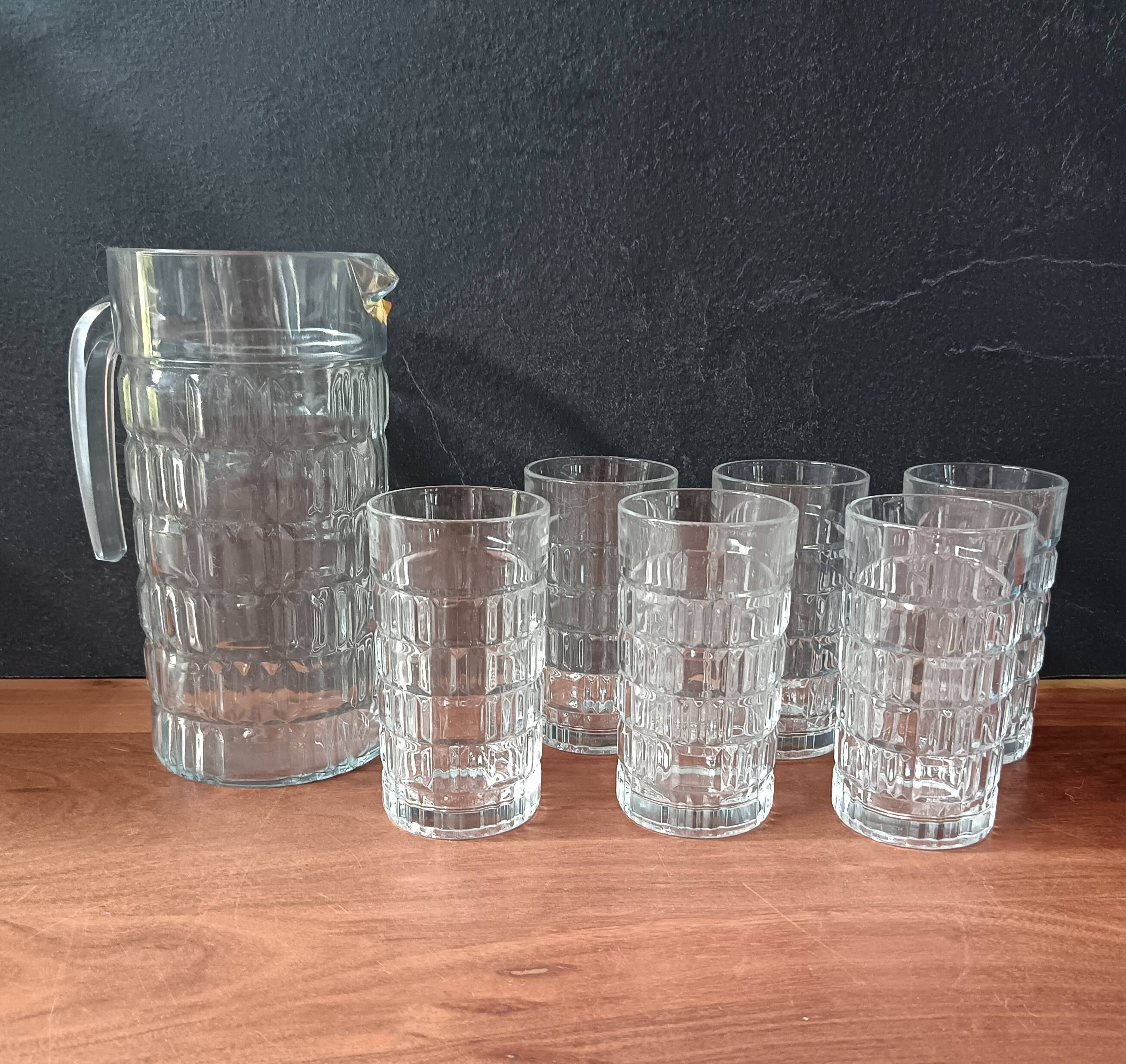 1970s glass orangeade set, 6 vintage Luminarc glasses and pitcher
