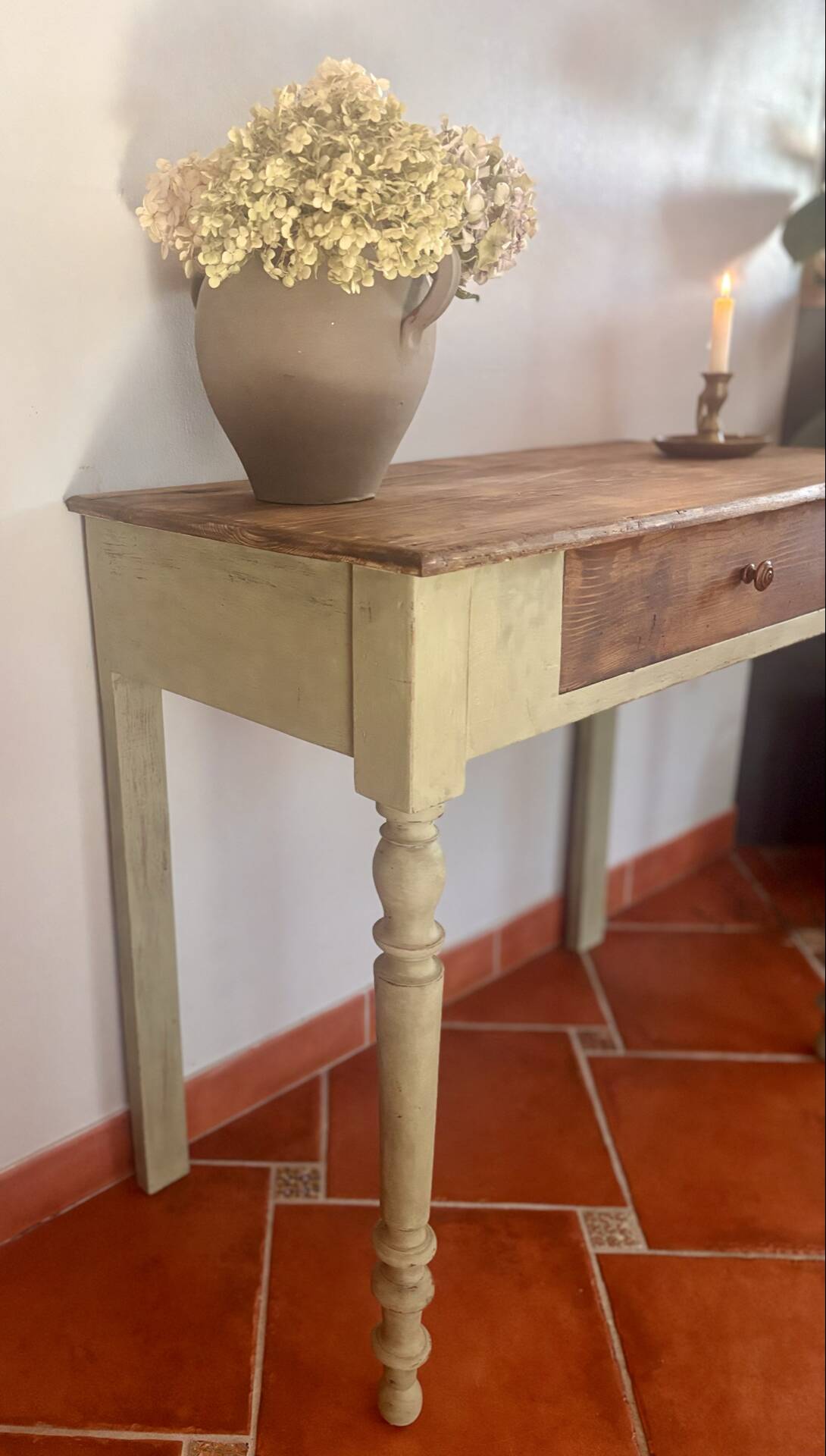 Old patinated wooden console – French country spirit, turned legs.