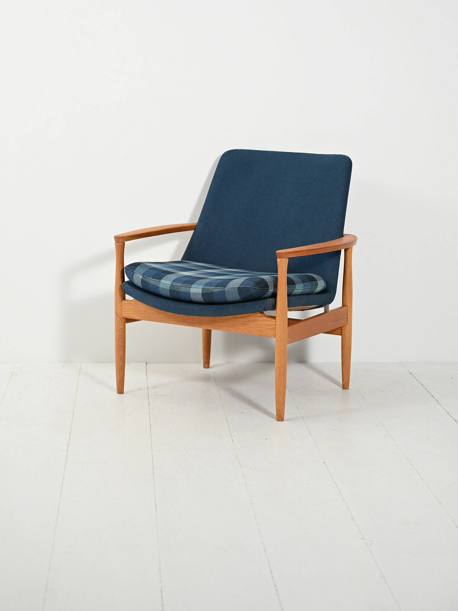 Scandinavian oak and blue wool armchair