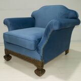 Pair of 19th Century Neo Renaissance Oak and Blue Velvet Italian Armchairs