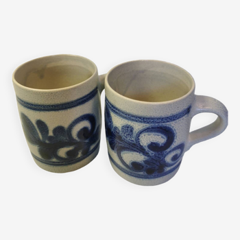 Set of 2 hand-blued salt-glazed stoneware mugs, gray-blue, traditional patterns