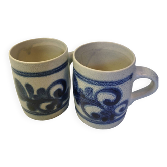 Set of 2 hand-blued salt-glazed stoneware mugs, gray-blue, traditional patterns