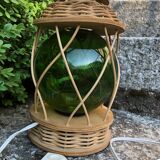Old ratan table lamp, rattan and blown glass.