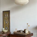 Suspension in rattan and japanese natural linen in the shape of a lantern h50 d30