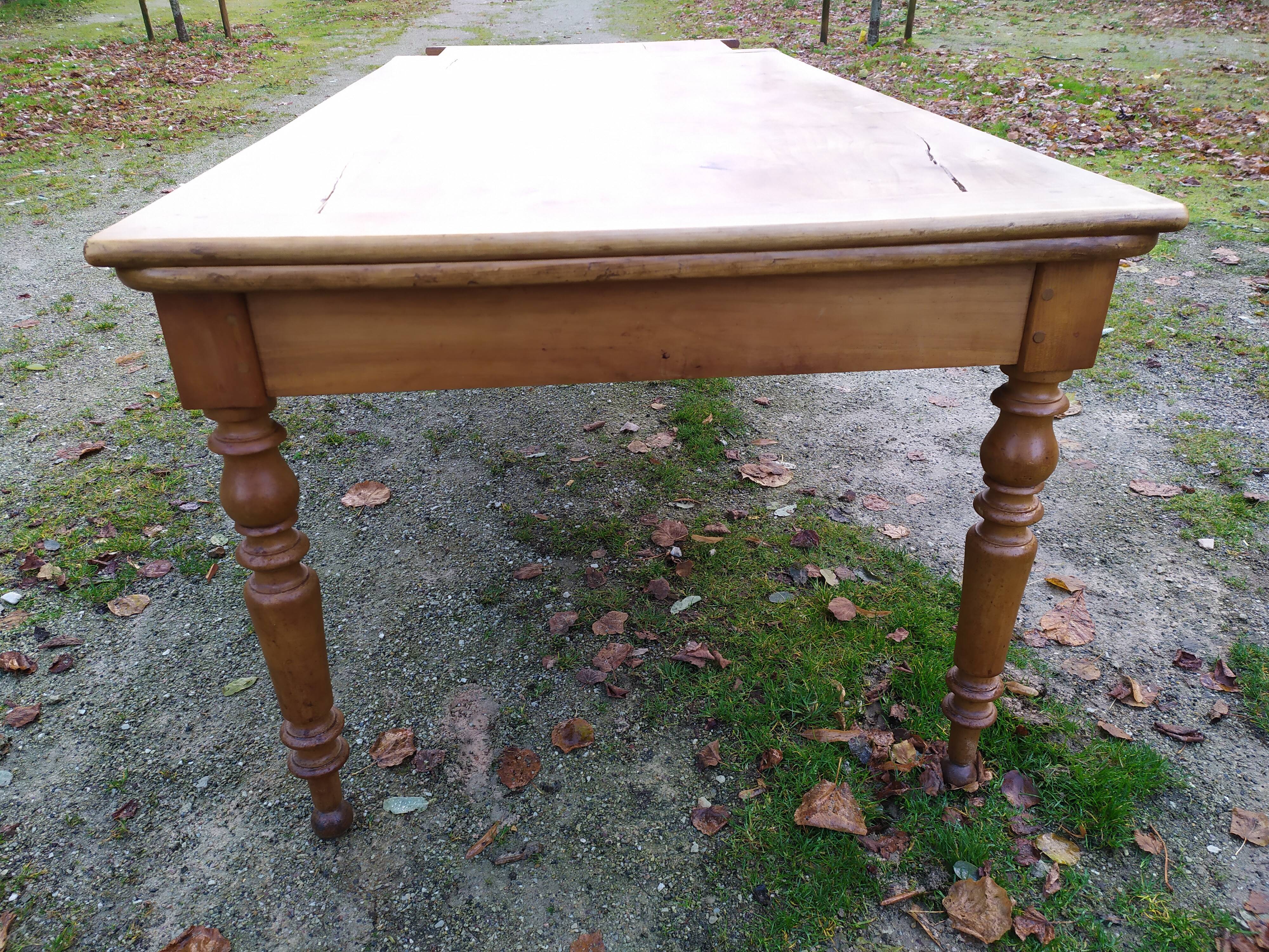 Cherry farm table, turned legs, 2 extensions