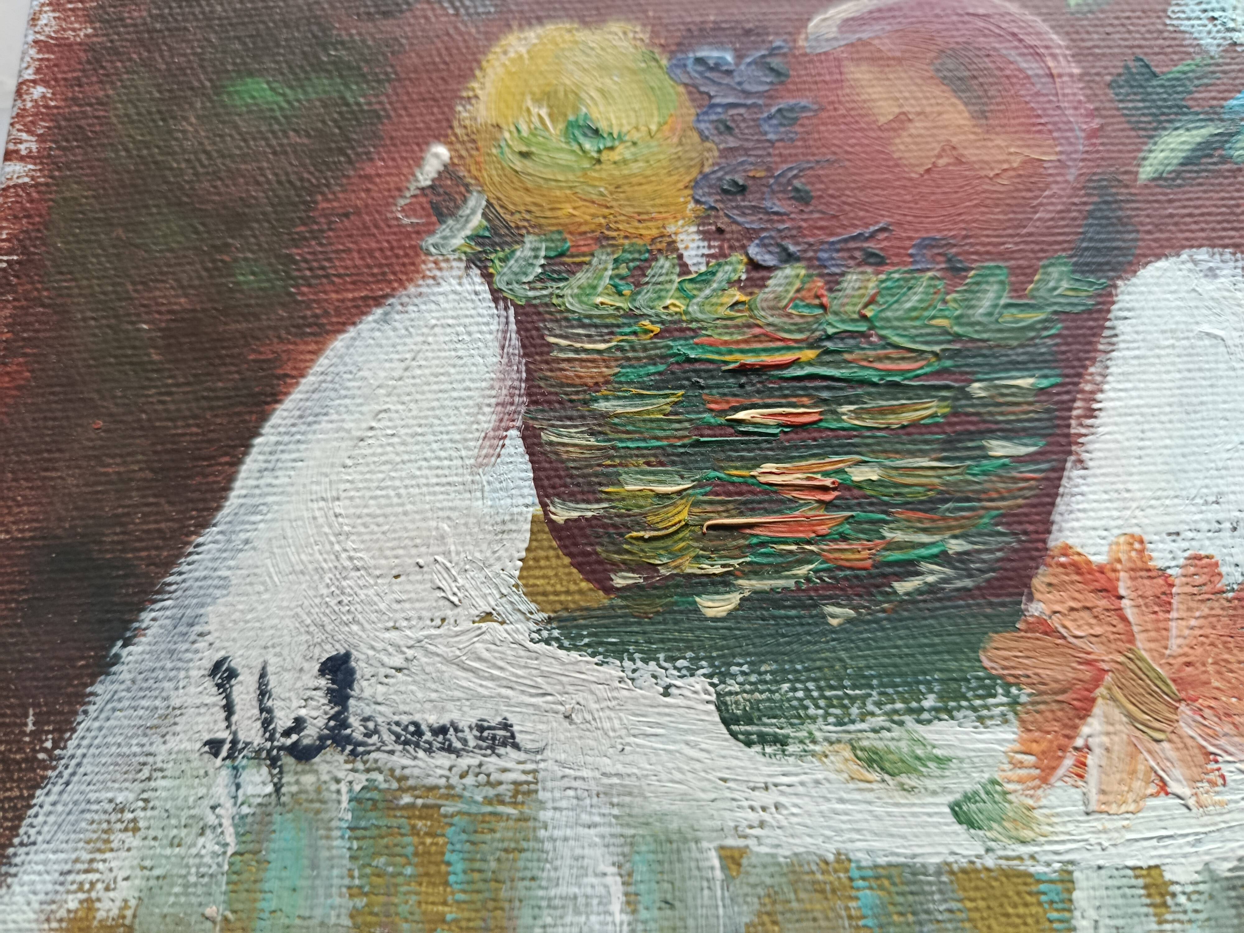 Hst still life signed helman xx: bouquet of flowers, vase, fruit, basket, window