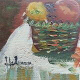 Hst still life signed helman xx: bouquet of flowers, vase, fruit, basket, window