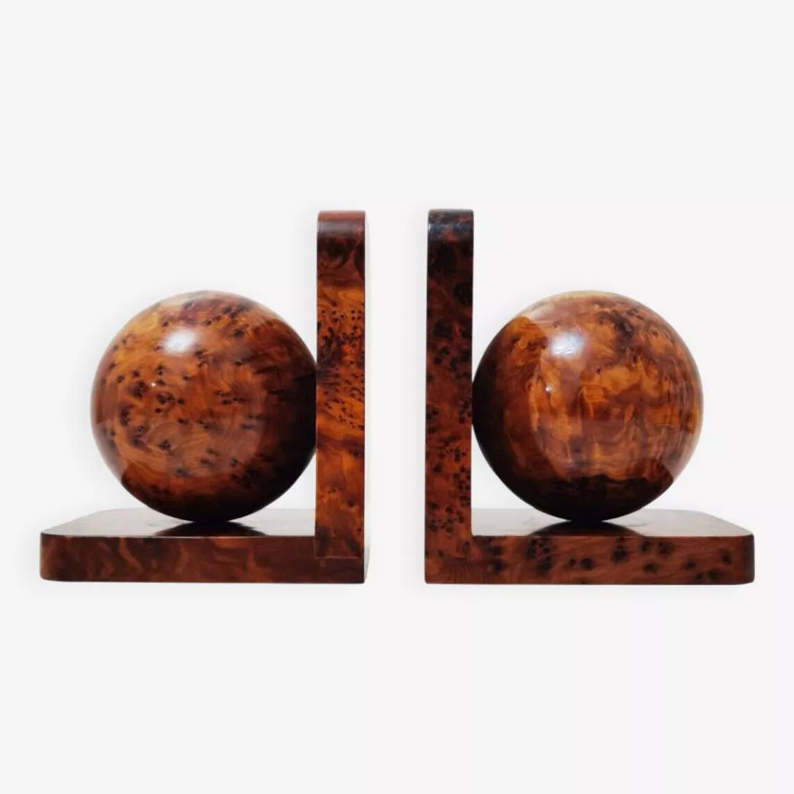 Art Deco bookends in polished solid burl wood