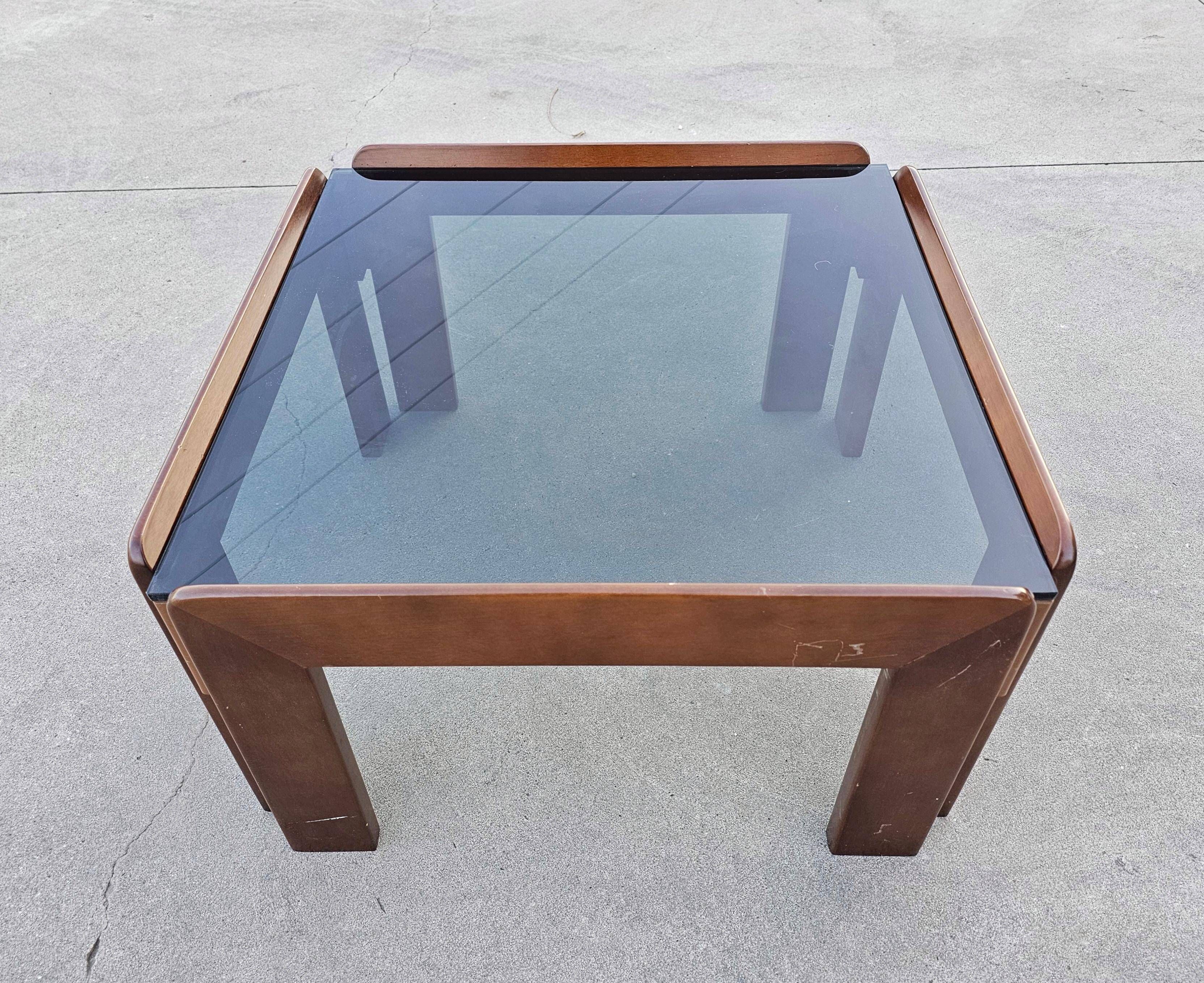 MCM coffee table in walnut and smoked glass by Afra and Tobia Scarpa, 1960s