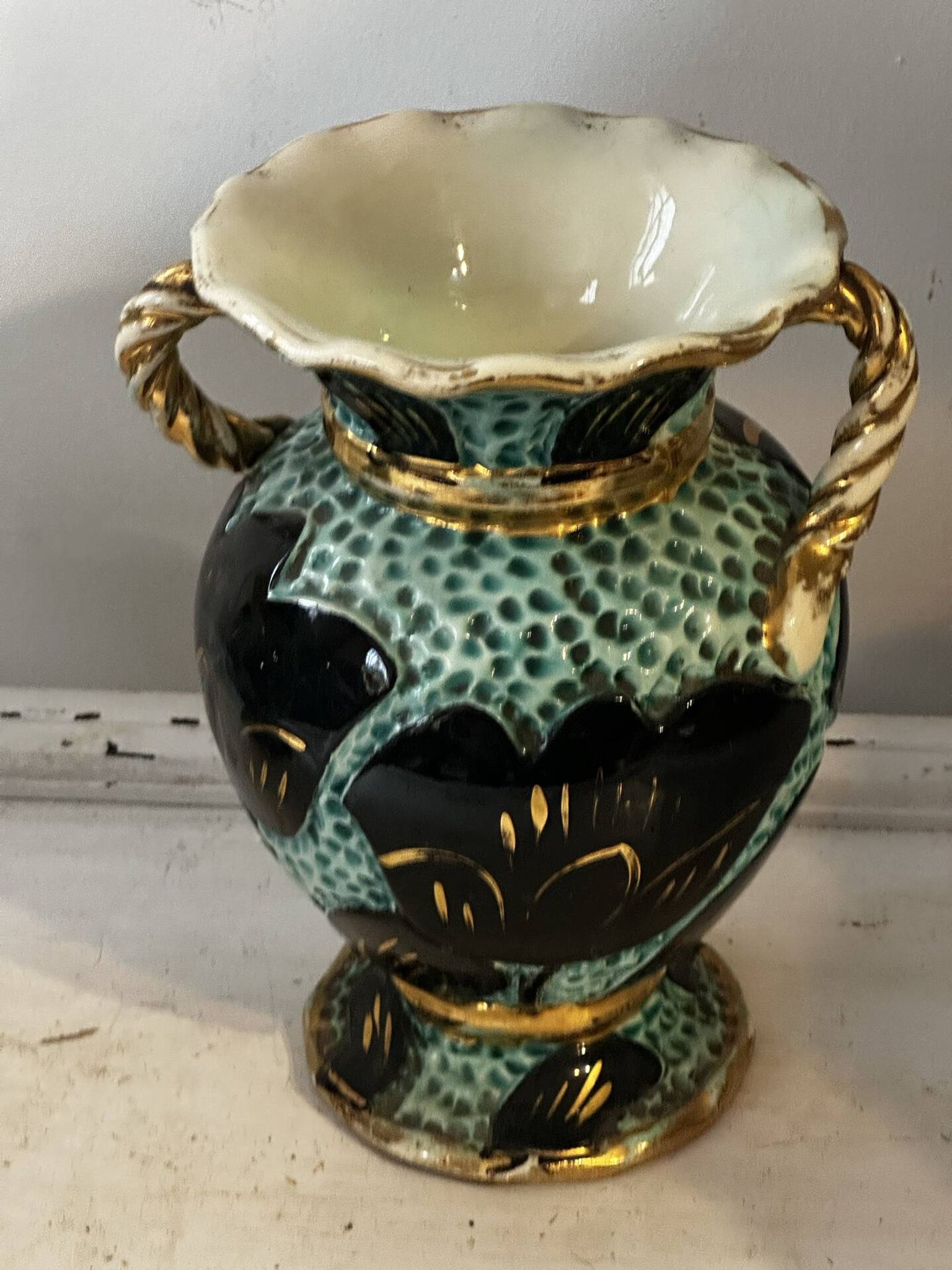 Pair of Vallauris vases in turquoise and black ceramic enhanced with o
