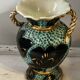 Pair of Vallauris vases in turquoise and black ceramic enhanced with o