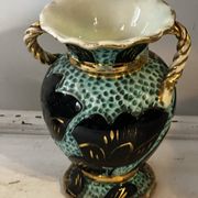 Pair of Vallauris vases in turquoise and black ceramic enhanced with o