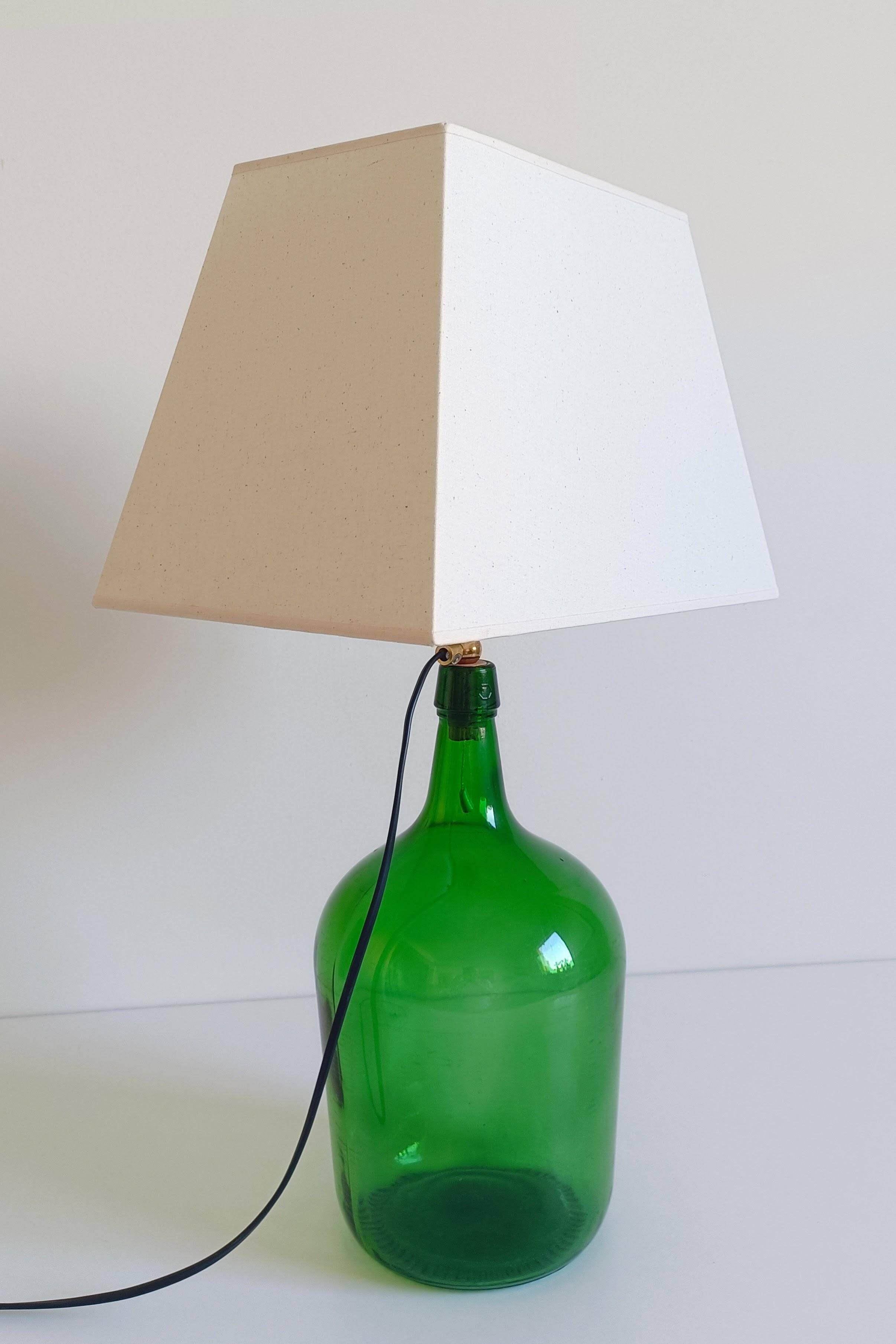 Mid-Century Green Glass Demijohn Table Lamp, Brass Fittings, Contemporary Shade