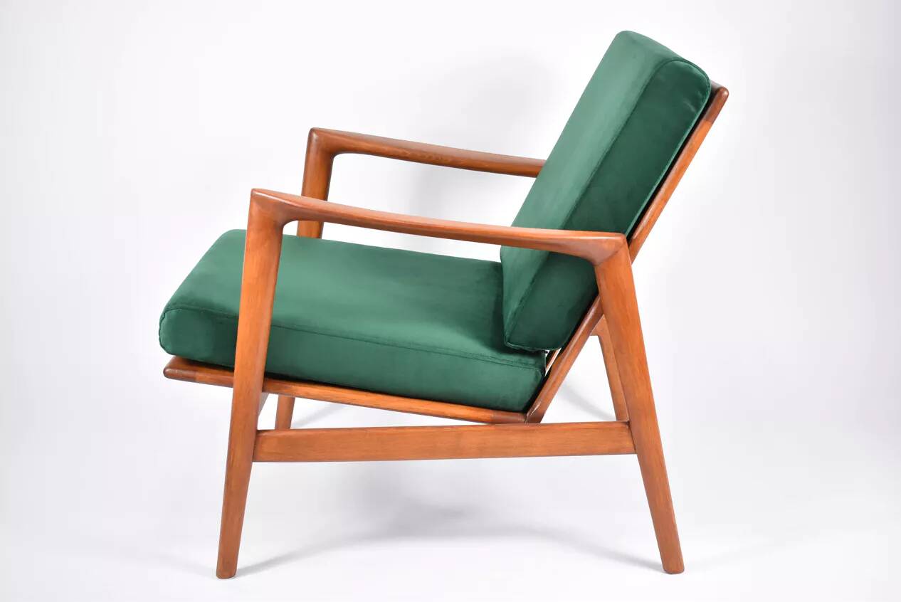 Fauteuil scandinave restauré d'origine, icône des années 60, velour