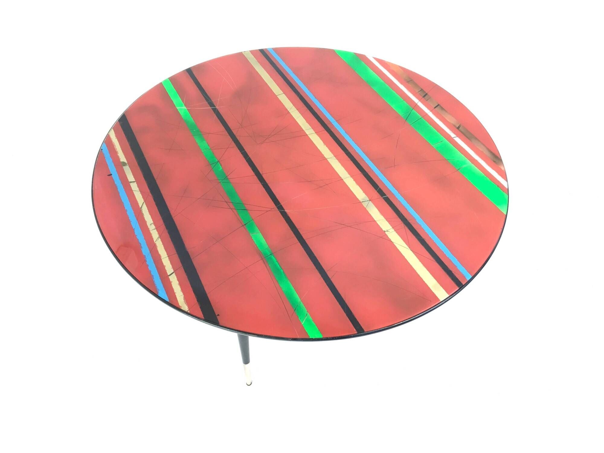 Vintage Round Coffee Table with a Red Striped Glass Top, Italy