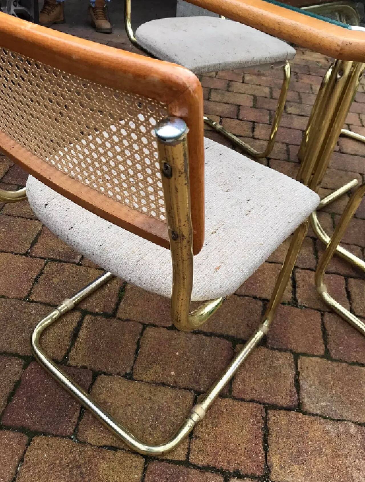 Octagonal brass and glass dining table with 4 chairs, 1960s