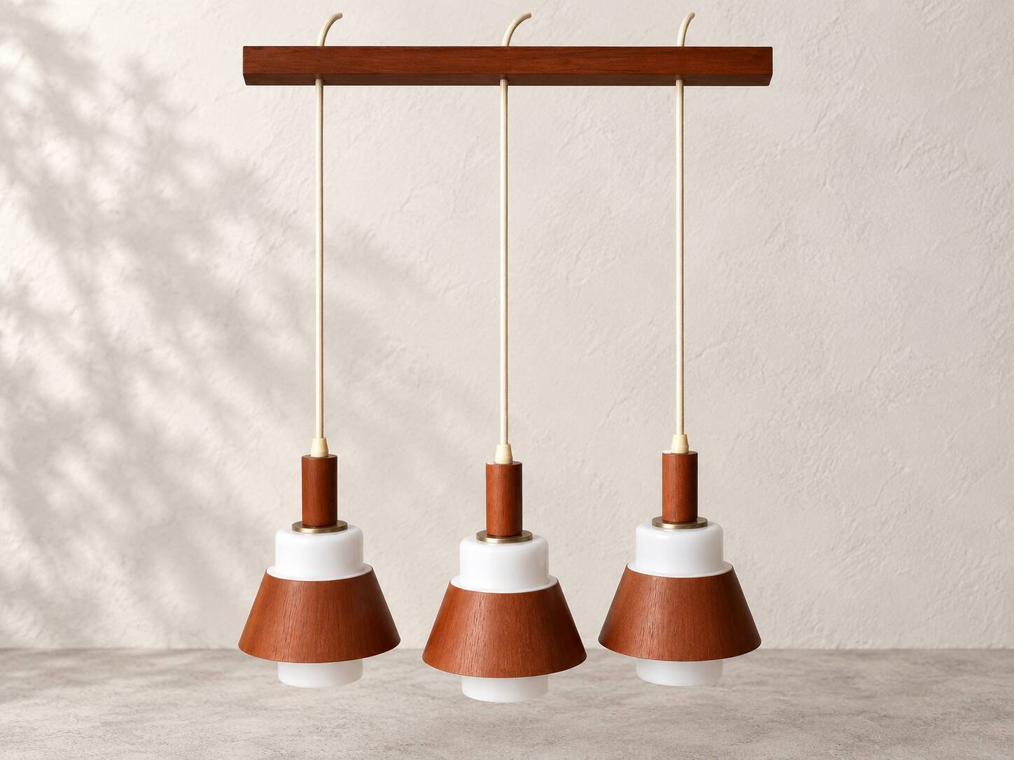 Vintage 3-light suspension in teak and white opaline – 1960s/70s