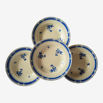 Set de 4 assiettes creuses Badonviller fleurs bleues anciennes vintage