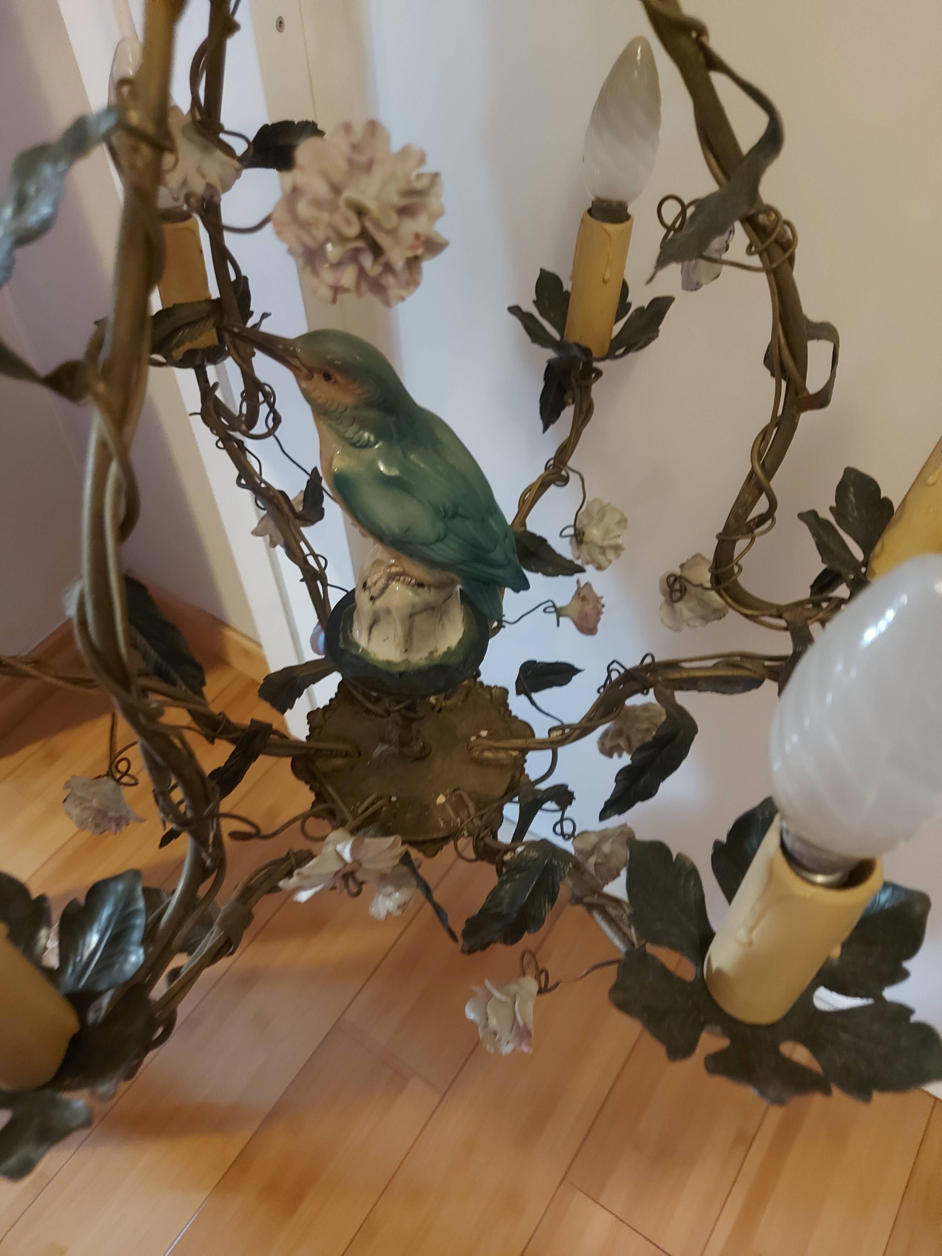 Chandelier cage décor birds and flowers in Meissen porcelain