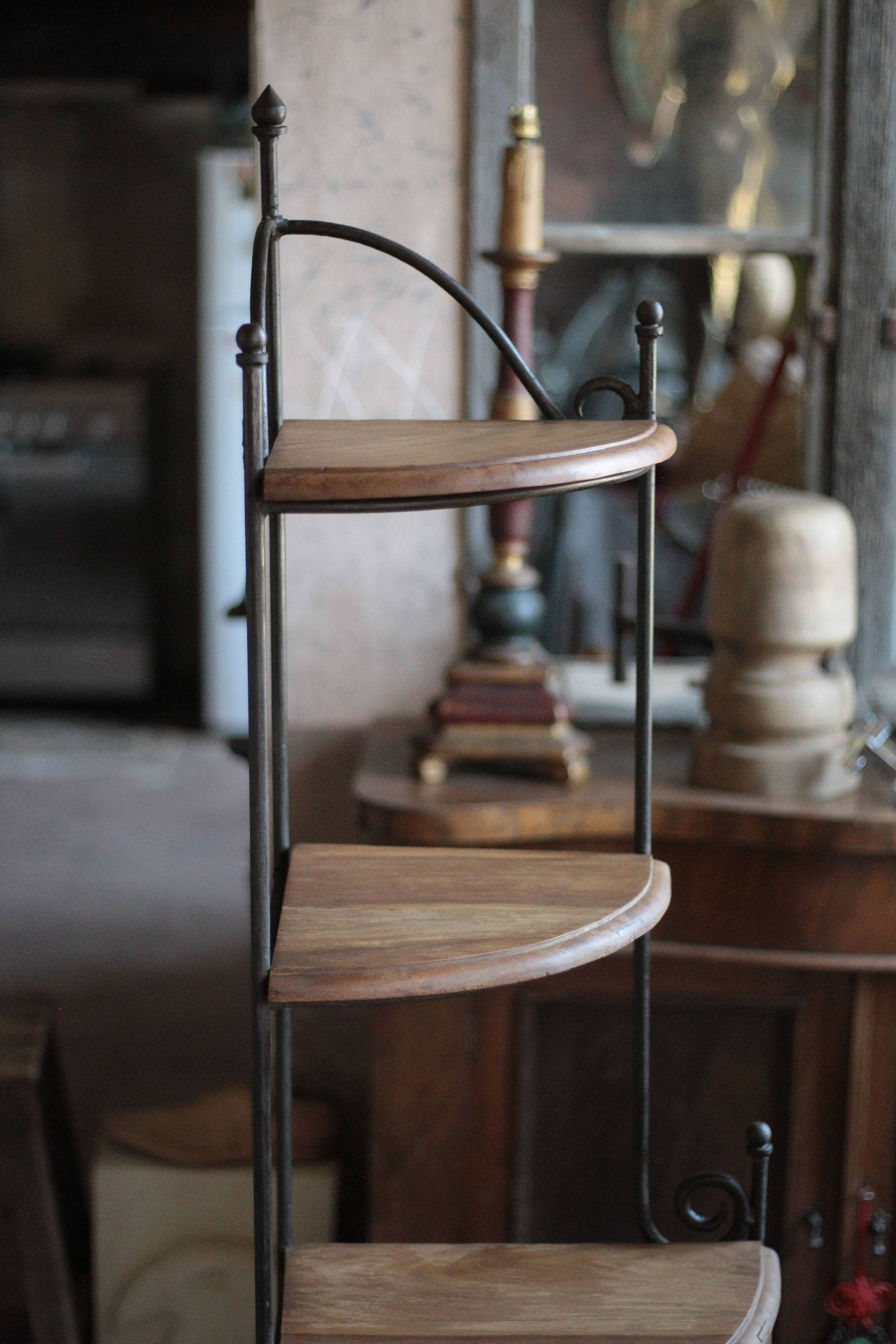 Wrought iron and wood corner unit, vintage corner furniture, corner shelf.