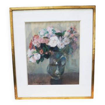 Old framed pastel painting signed – S. Beaujeu Dufour – Bouquet