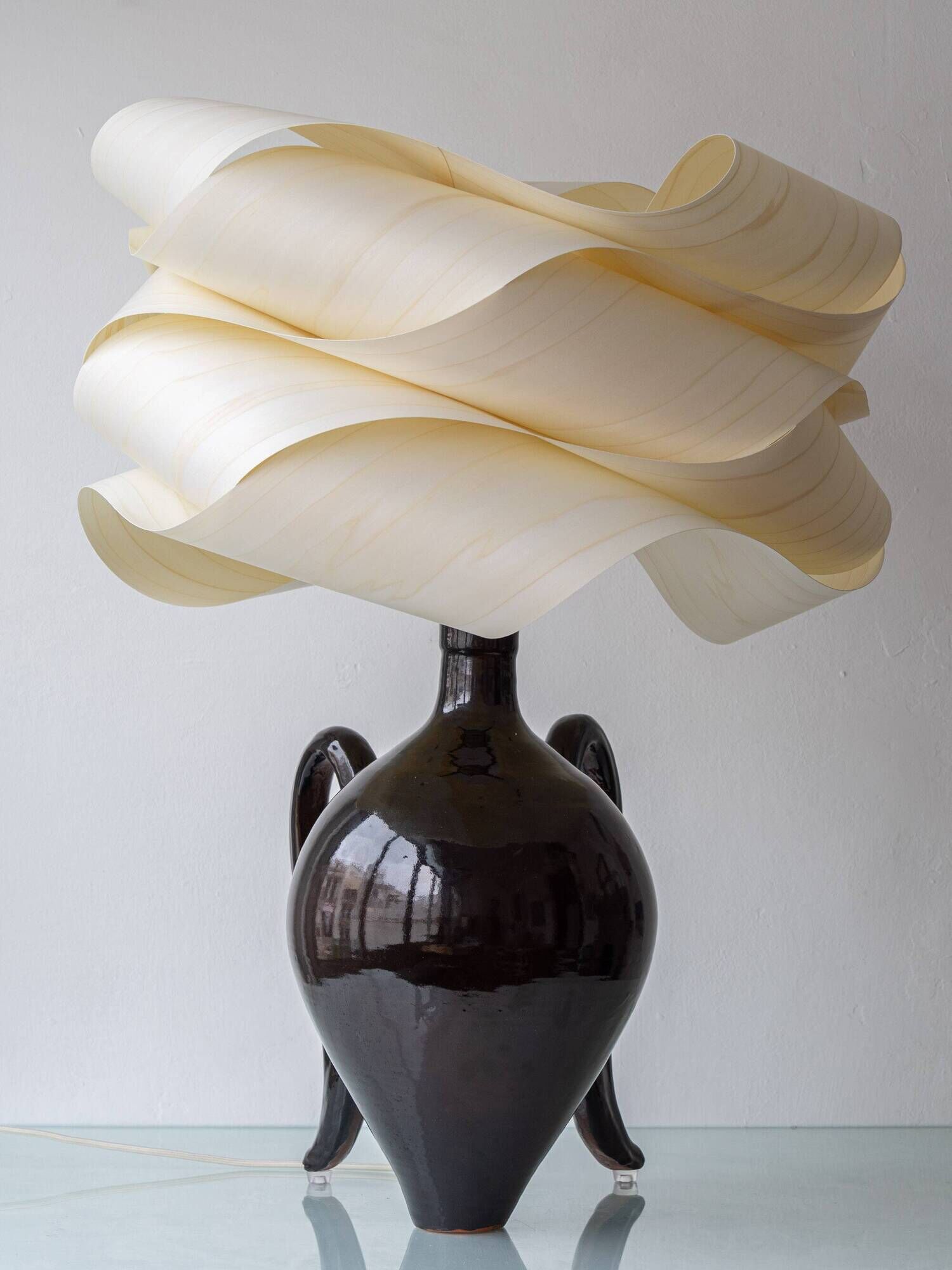 Modern Sculptural Table Lamp in Ceramic and Wood, Organic Style: "Cántaro Cloud" with Wings