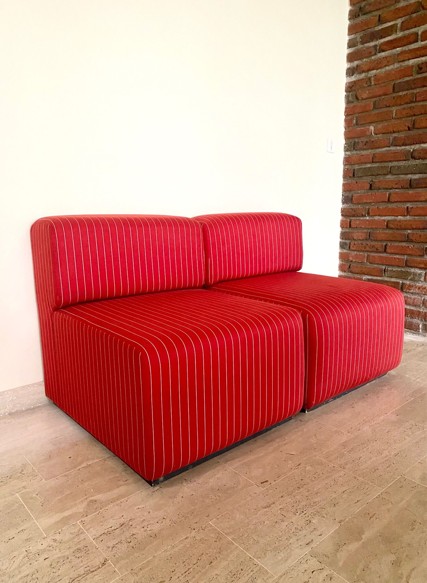 Pair of red striped armchairs from the 1980s