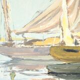 Peinture à l’Huile sur Isorel « Chalutier et Thoniers », signée G.Lhermitte – Milieu XXe