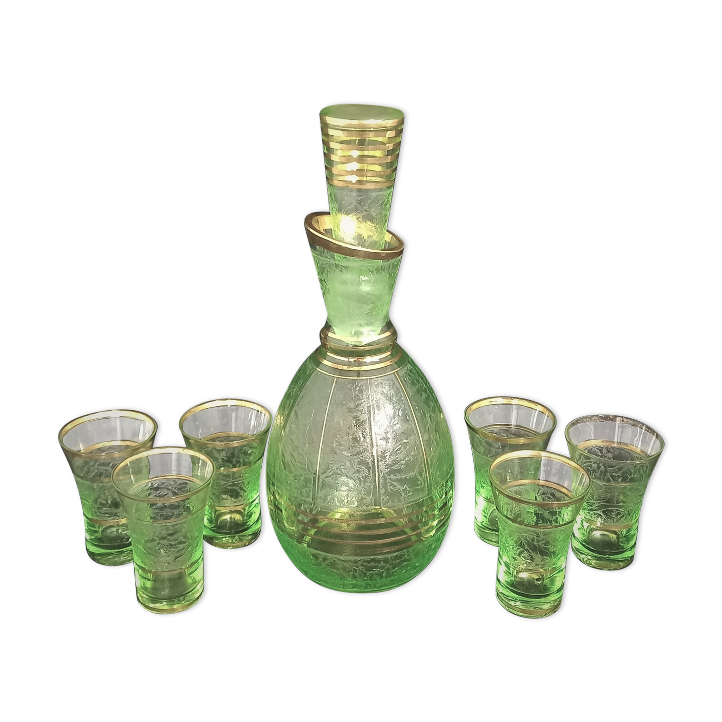 Art deco liqueur service in light green frosted glass