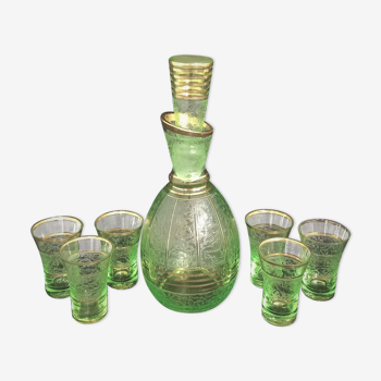 Art deco liqueur service in light green frosted glass