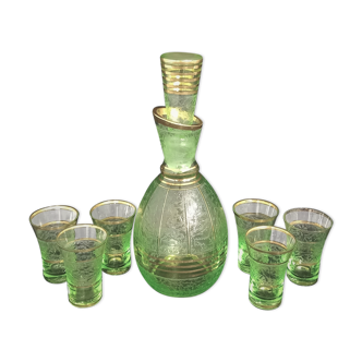 Art deco liqueur service in light green frosted glass