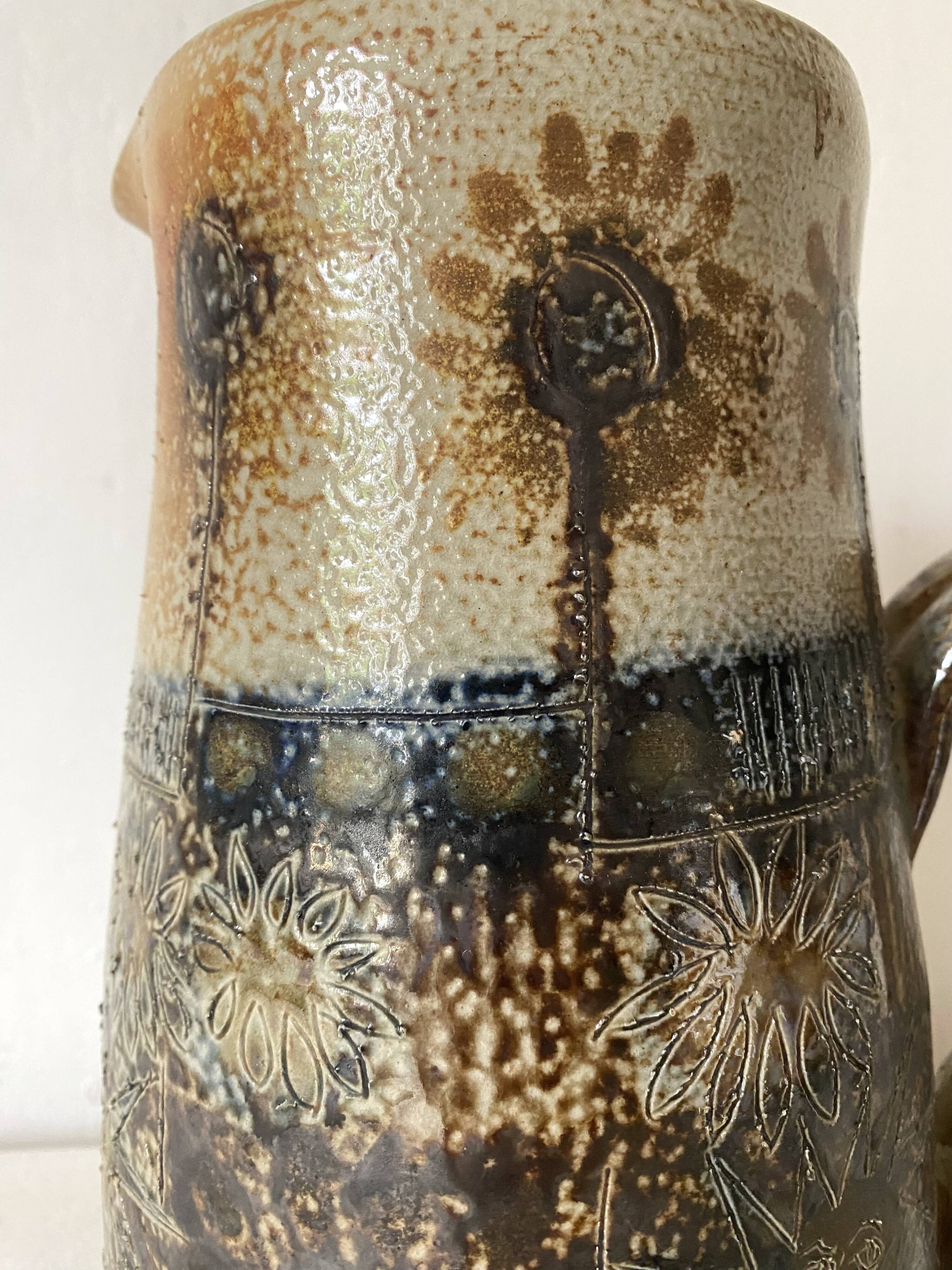 Large enamelled stoneware pitcher JC Courjault Kéraluc signed 31 cm, 1970s