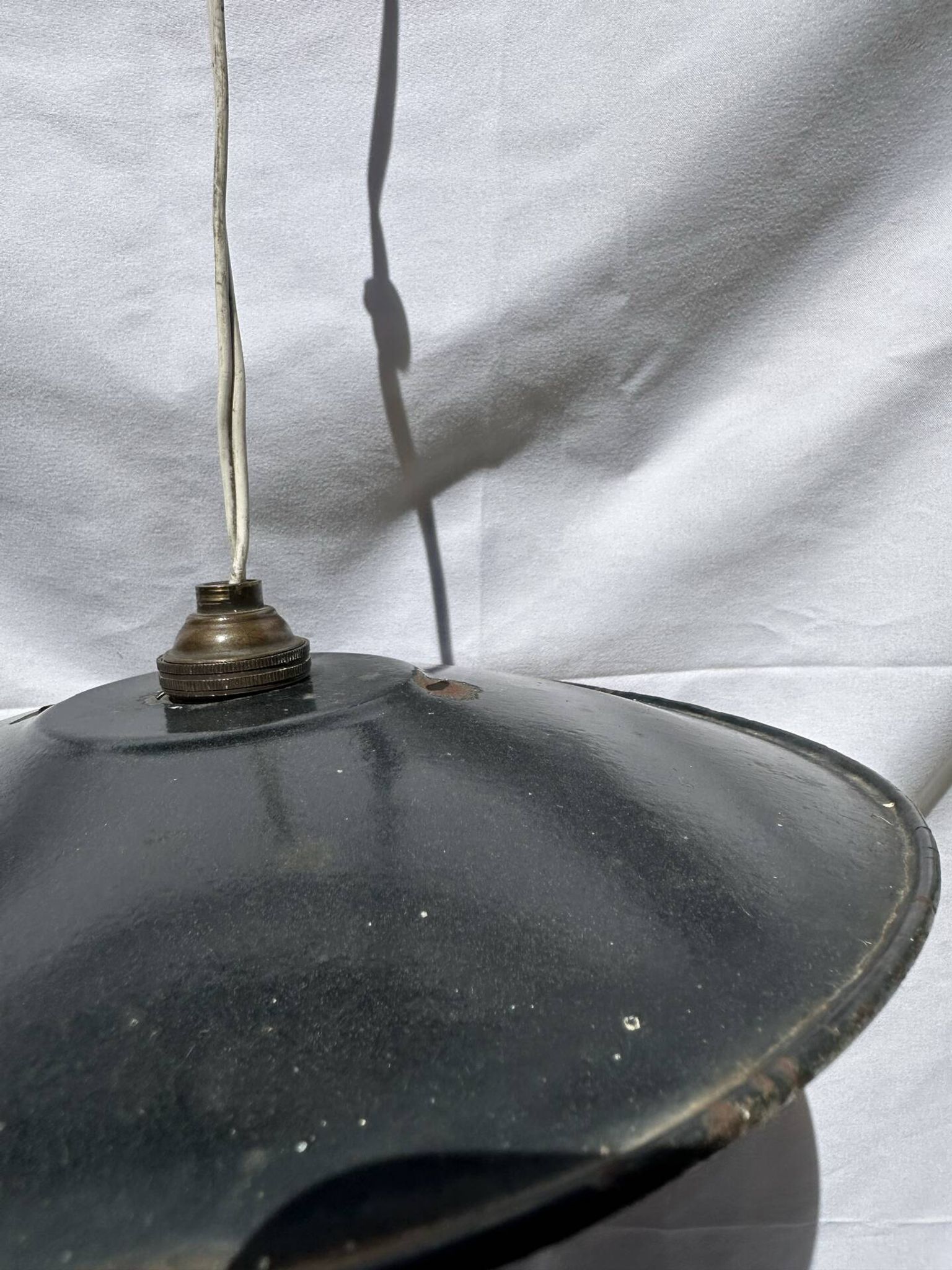 Vintage industrial lamp, green and black enamelled metal.